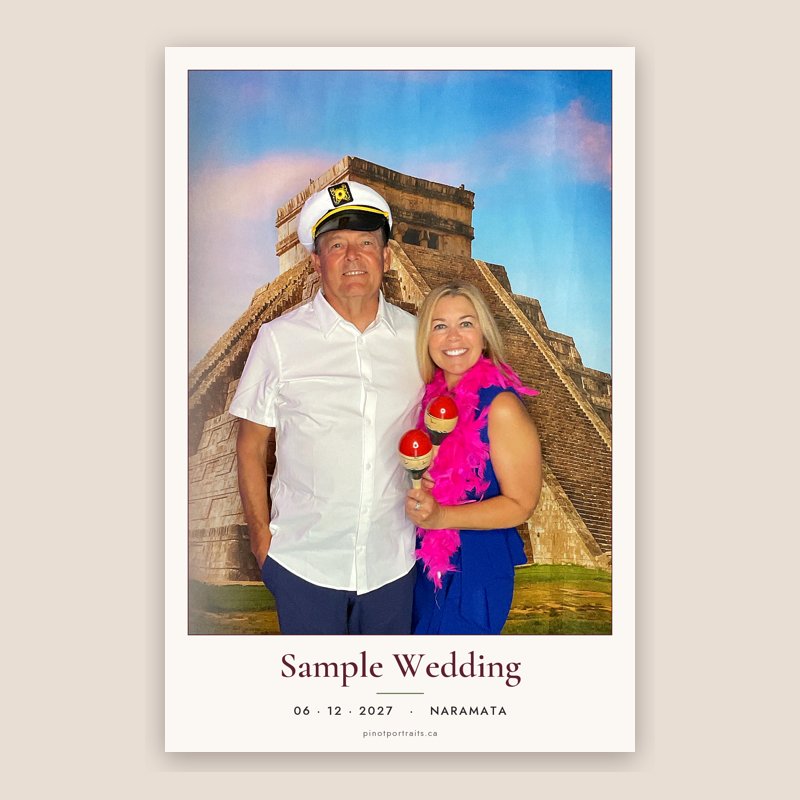 A sample 4x6 print with the couple's names and date
